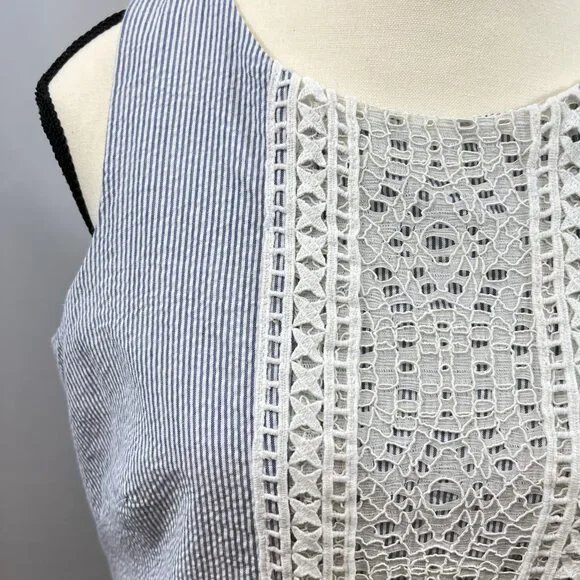 London Times sleeveless seersucker embroidered lace blue dress 10P - Picture 2 of 7